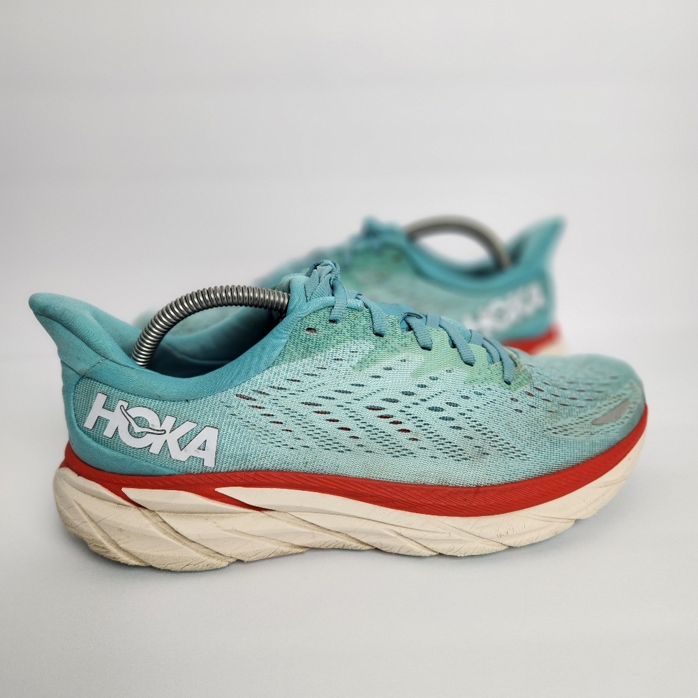 Hoka One One Clifton 8 Womens Size 9.5B Aqua Blue Lace Up Athletic Running Shoes